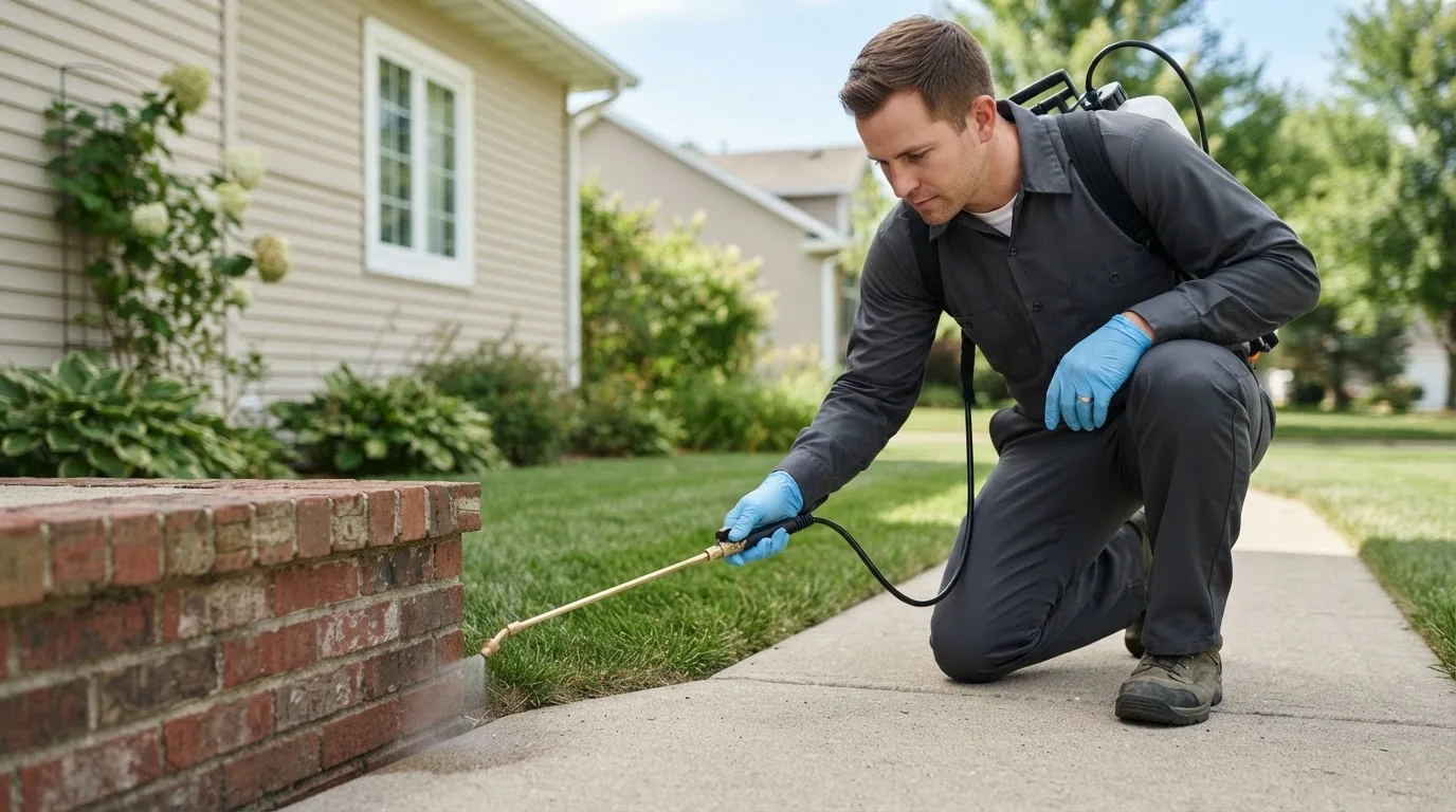 Pest control technician treating a home near Bloomingdale, IL